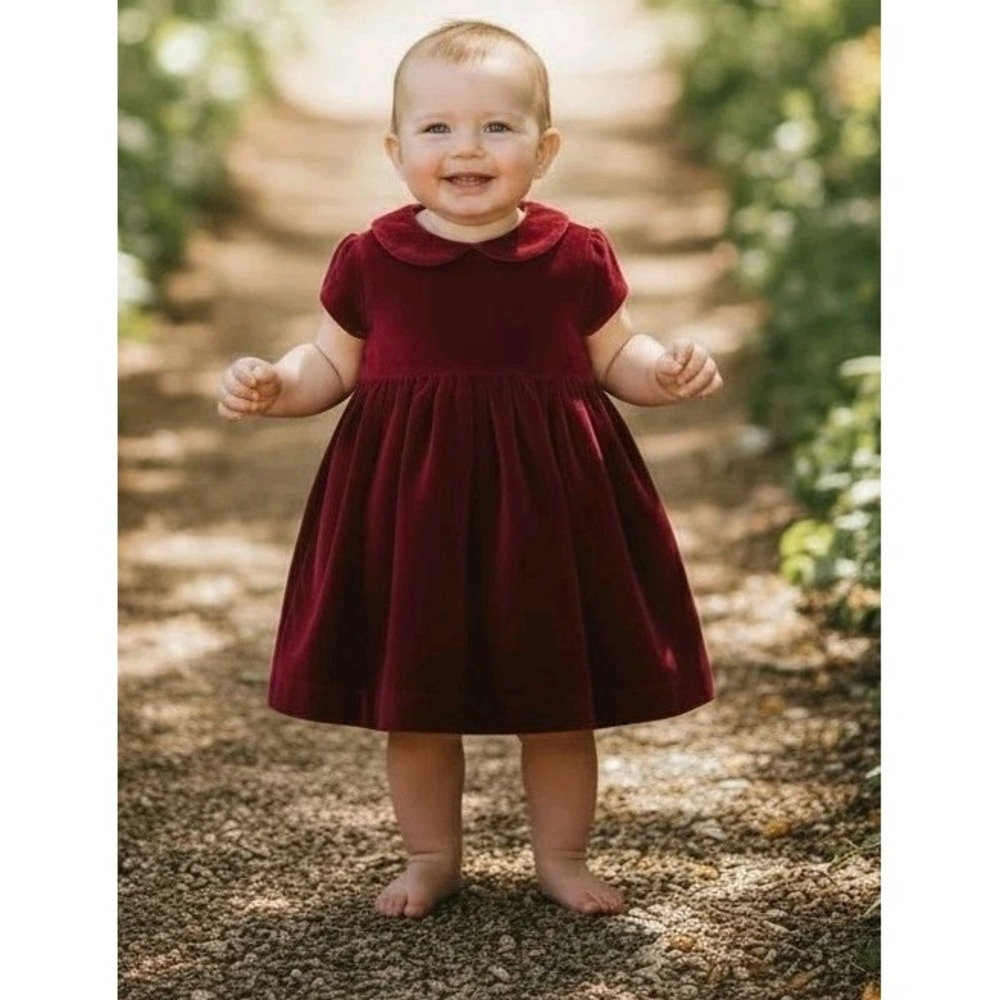 Baby Girls Red Velvet Holiday Lined Dress Short Sleeve Party Valentines Day